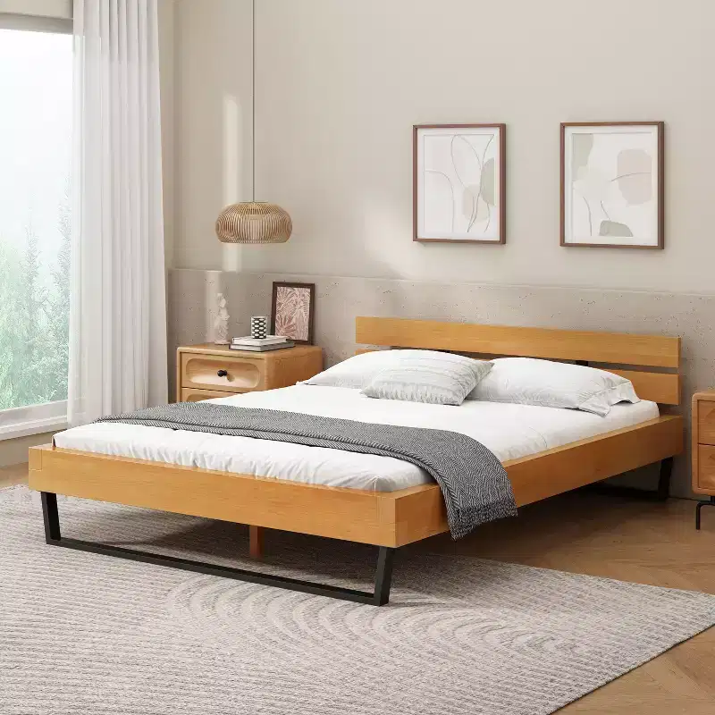 Queen/King Size Platform Bed Frame with Headboard, Sturdy Pinewood & Iron Frame, Modern Industrial Minimilist Design, Natural+Black - ModernLuxe