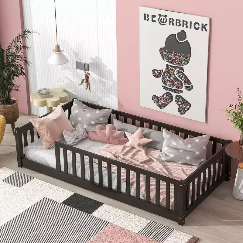 Whisen Twin Bed & Rubber Wood Floor Bed with Fence without Door, Multi - Functional Floor Bed for Kids' Sleep & Play