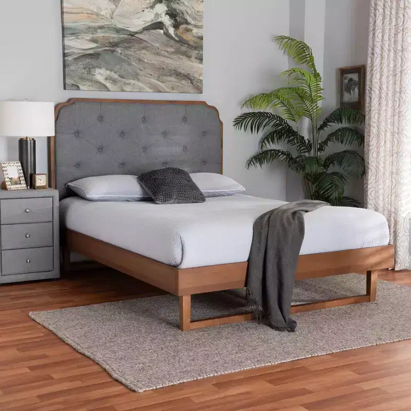 Baxton Studio King Roald Fabric and Wood Platform Bed Gray/Walnut Brown