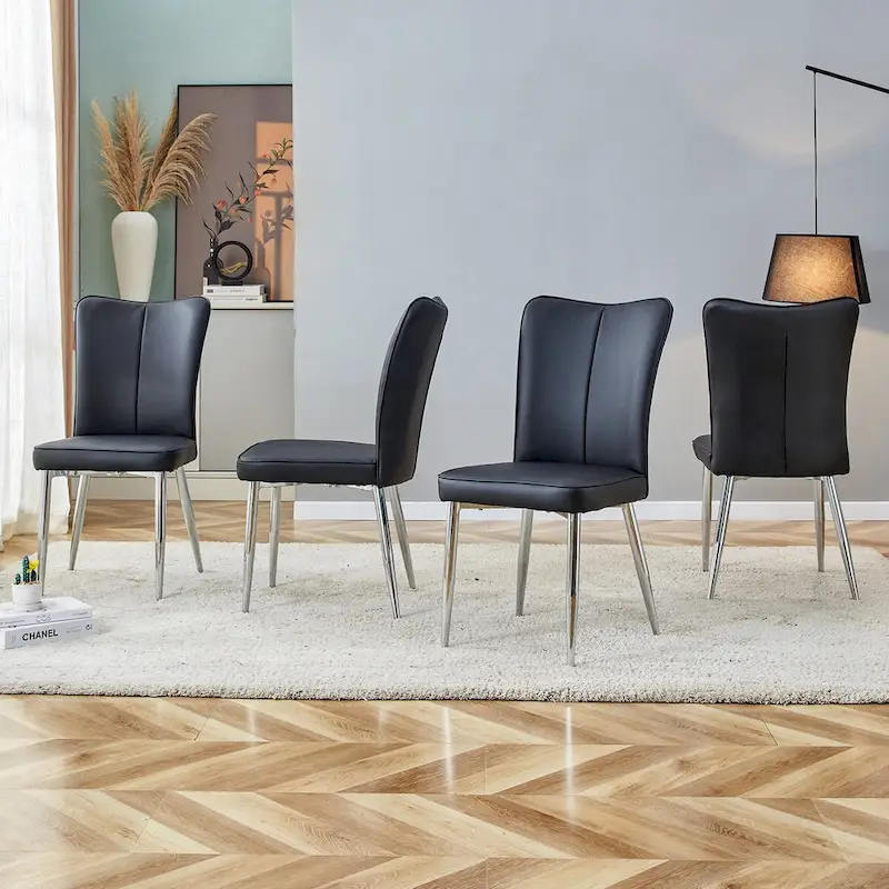 Set of 4 Upholstered Dining Chairs with PU Leather Seat and Metal Legs