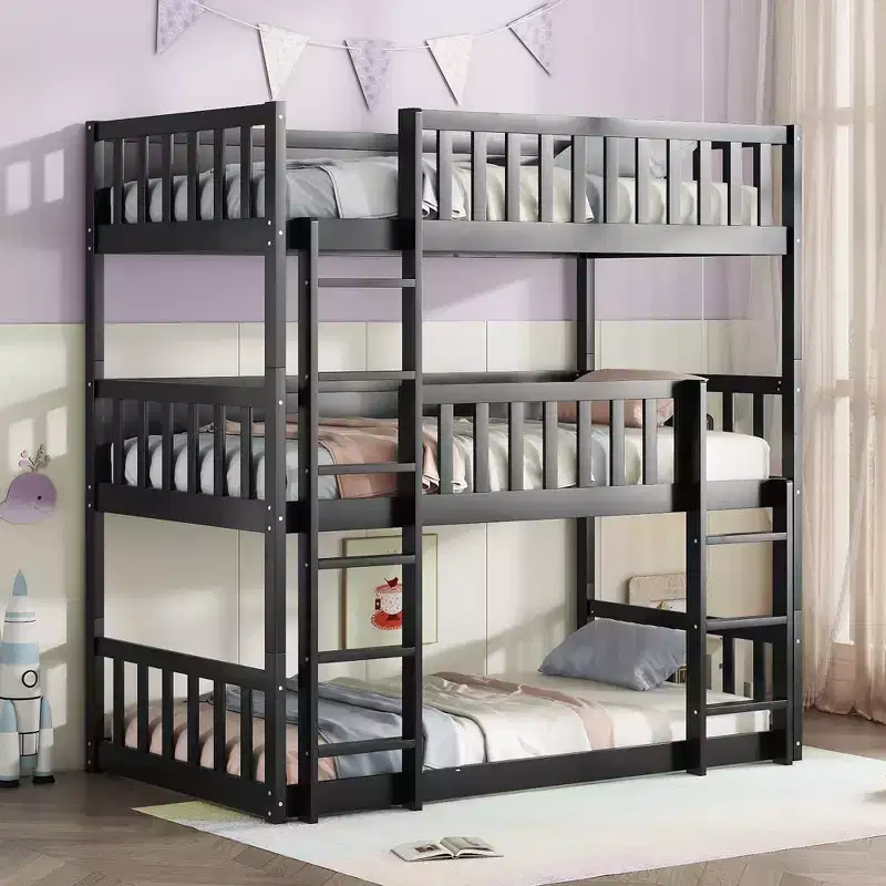 Whisen Triple Twin Size Rubber Wood Detachable Bunk Bed with Ladders and Guardrails