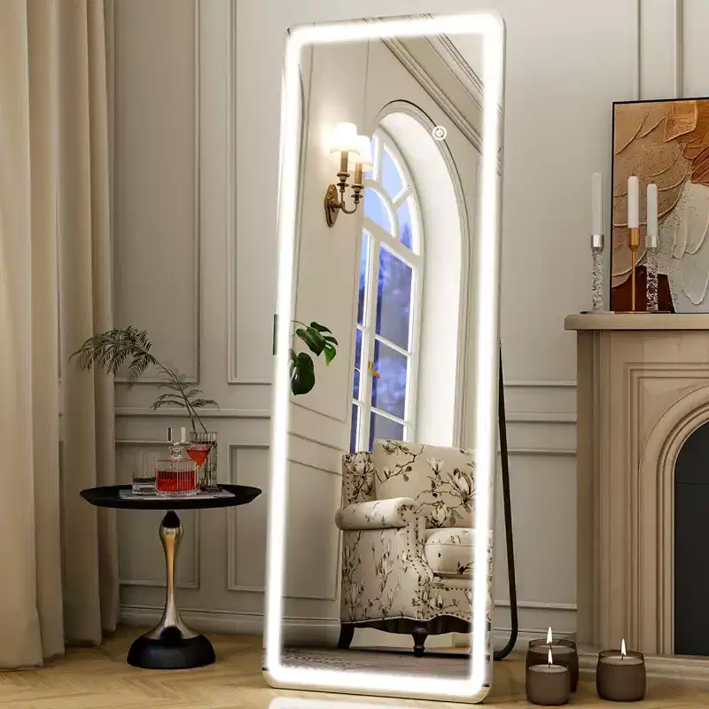 New England Stories LED Full Length Mirror  Dimmable Lighted Floor Mirror with 3 Color Modes & Aluminum Frame