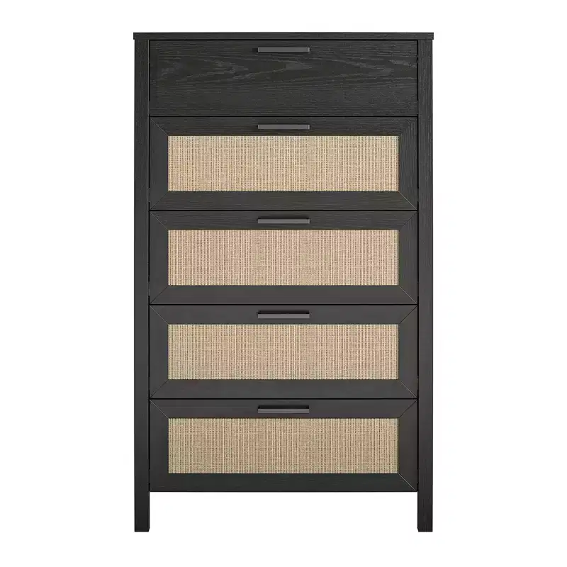Brown Woodgrain Boho 5-Drawer Dresser with Rattan Inserts (2-Person Assembly)