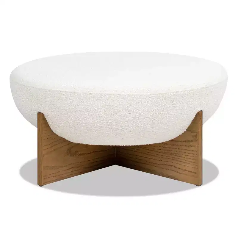 Bali Round Upholstered Ottoman with Natural Wood Base