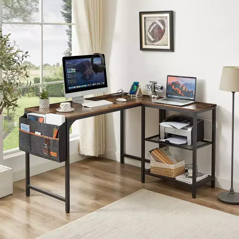 VECELO L Shaped Computer Desk Industrial Corner Gaming Desk with 2-Tier Open Shelf and Storage Pocket Brown