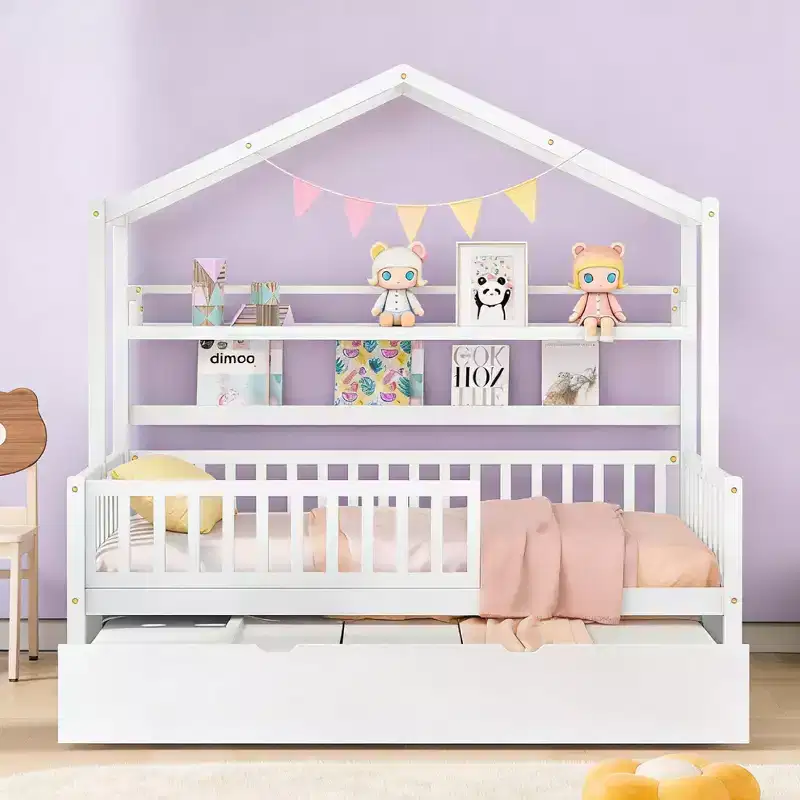 Luxystar Wood House Bed Frame with Trundle and Shelves, White