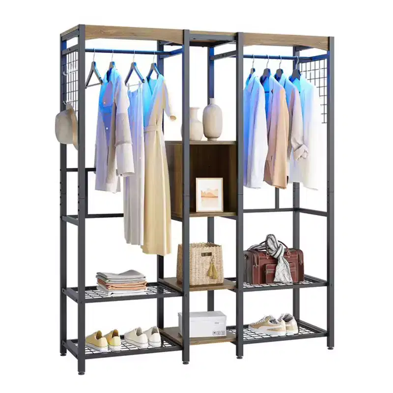 Bestier Metal Freestanding Wardrobe Storage Unit with Wooden Top Shelf and Built In Color Changing Lights with 7 Colors and 20 Dynamic Modes, Oak