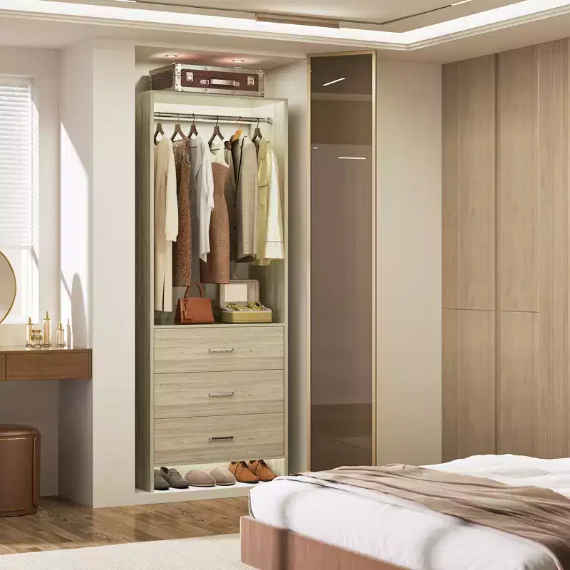 Besiost Closet Organizer System with Wooden Drawers, Freestanding Wardrobe with Hanging Rod