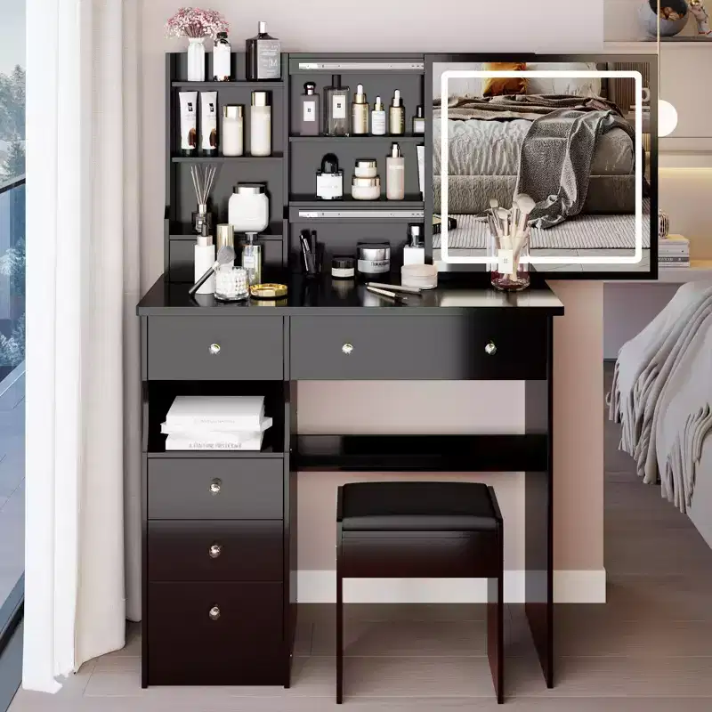 37-Inch Natural Makeup Vanity Desk with Mirror and Lights, Organized Storage, Matching Stool for Bedroom, Dimmable Lighting