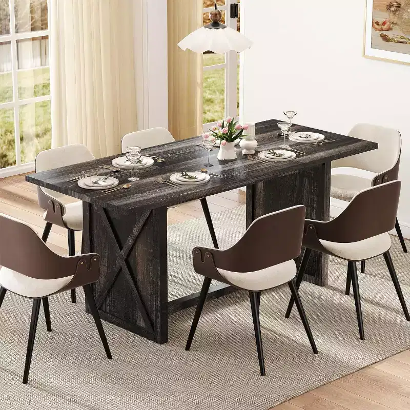 70.9 Wooden Dining Table for 6-8 People, Farmhouse Rectangular Kitchen Table, Rustic Grey Dining Room Furniture for Restaurant & Living Room