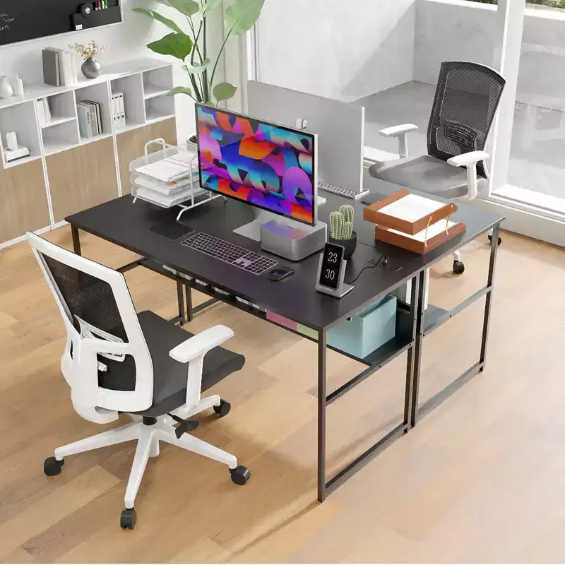 Costway 55 x 24 Computer Desk with Power Outlets & USB Ports, Storage Shelf, Metal Frame Black/Brown