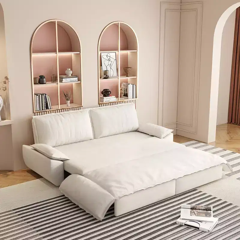 Velvet Convertible Sofa Bed, 3-Seater Pull-Out Sleeper Couch, 3-in-1 Foldable Sofa for Living Room Apartment, Beige