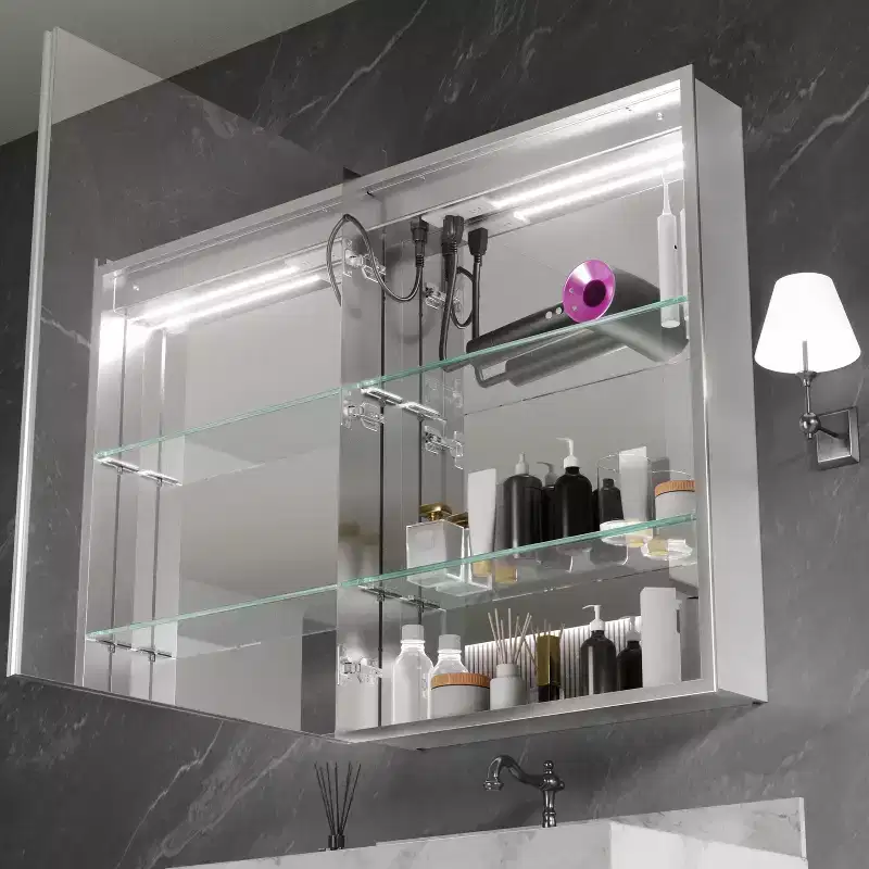 FAMYYT 20 in. W x 28 in. H Flowing Light Aluminum Medicine Cabinet with Mirror, Dimmable, Anti-Fog, Fully Assembled