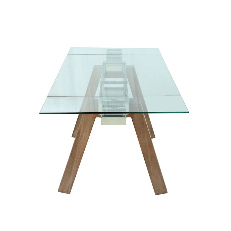 Extendable Glass-Top Dining Table with Solid Wood Legs