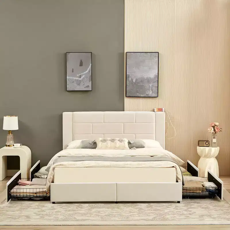 VECELO Upholstered Bed Metal Frame Platform Bed with USB Charging