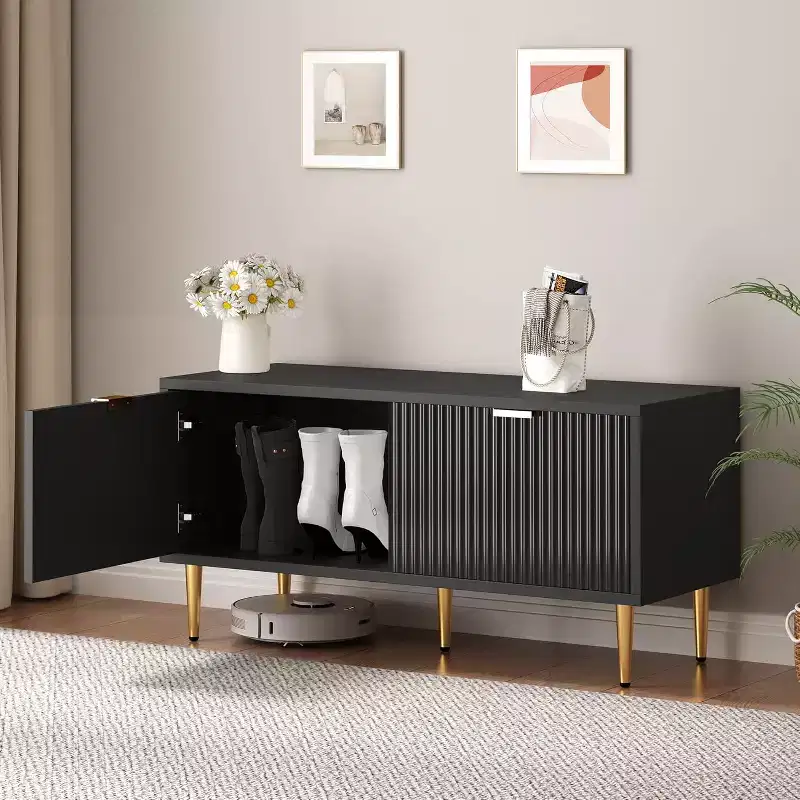 Shoe Cabinet, Fluted Entryway Bench with 2 Doors, Shoe Storage Bench for Hallway, Living Room, Bedroom