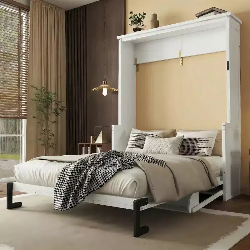 Clihome Queen Size Wood Vertical Murphy Bed, Space-Saving Hidden Wall Bed, Wall Bed Cabinet