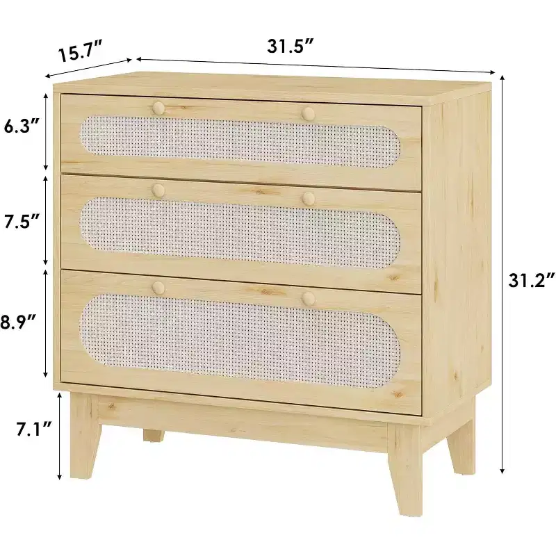 Rattan 3 Different Drawer Dresser for Bedroom, Handles and Wooden Legs, Compact Storage Chest, Modern Small Dresser, for Bedroom, Living Room