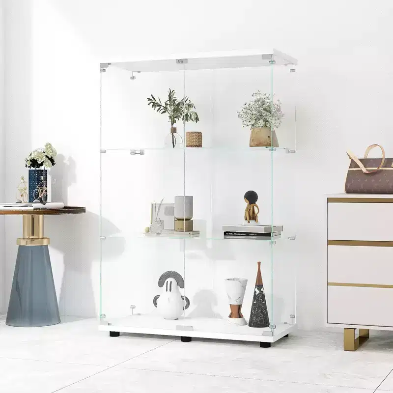 MAYEERTY Two Door Glass Display Cabinet 3 Shelves Floor Standing Curio 49.3x31.7x14.3 Inches Living Room Bedroom Office White