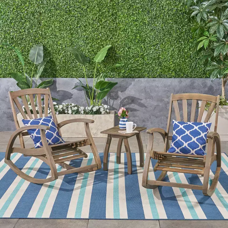 Christopher Knight Home Sunview Outdoor Acacia Wood 3 Piece Recliner Rocking Chair Chat Set