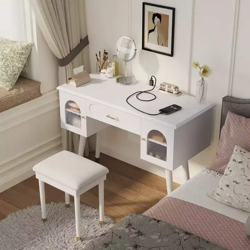 Furniliving Elegant Vanity Makeup Table & Chair Set, Modern Dressing Table with Organizer, Writing Desk, Charging Port