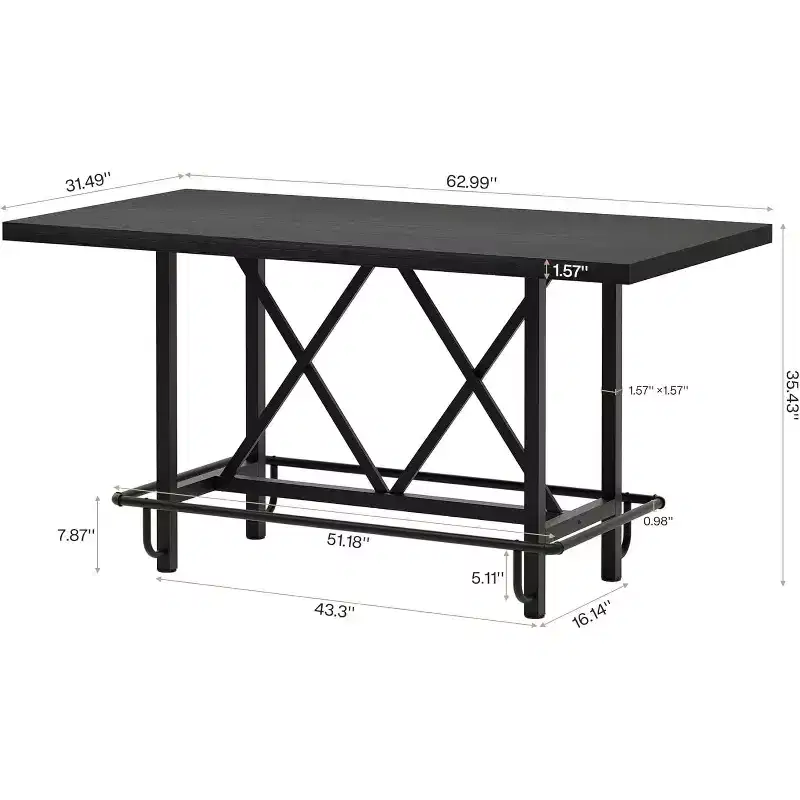 Lantine 63-Inch Bar Table, Industrial Counter Height Pub Table with Metal Footrest for Dining Room, Home Bar, Black
