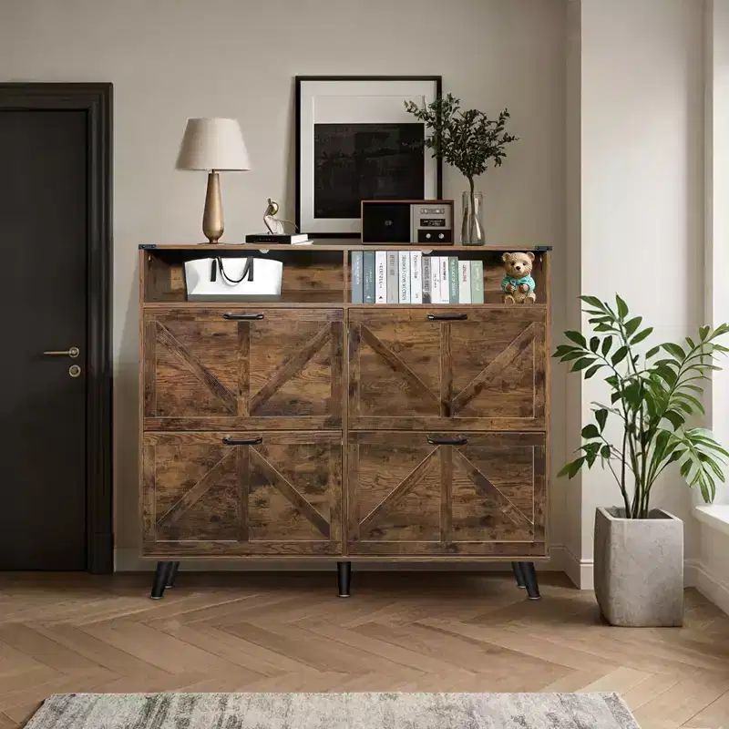 Shoe Storage, Freestanding Shoe Cabinet Storage with 4 Flip Drawers and Barn Door Design, Slim Narrow Shoe Rack Dresser, for Entryway, Foyer, Hallway