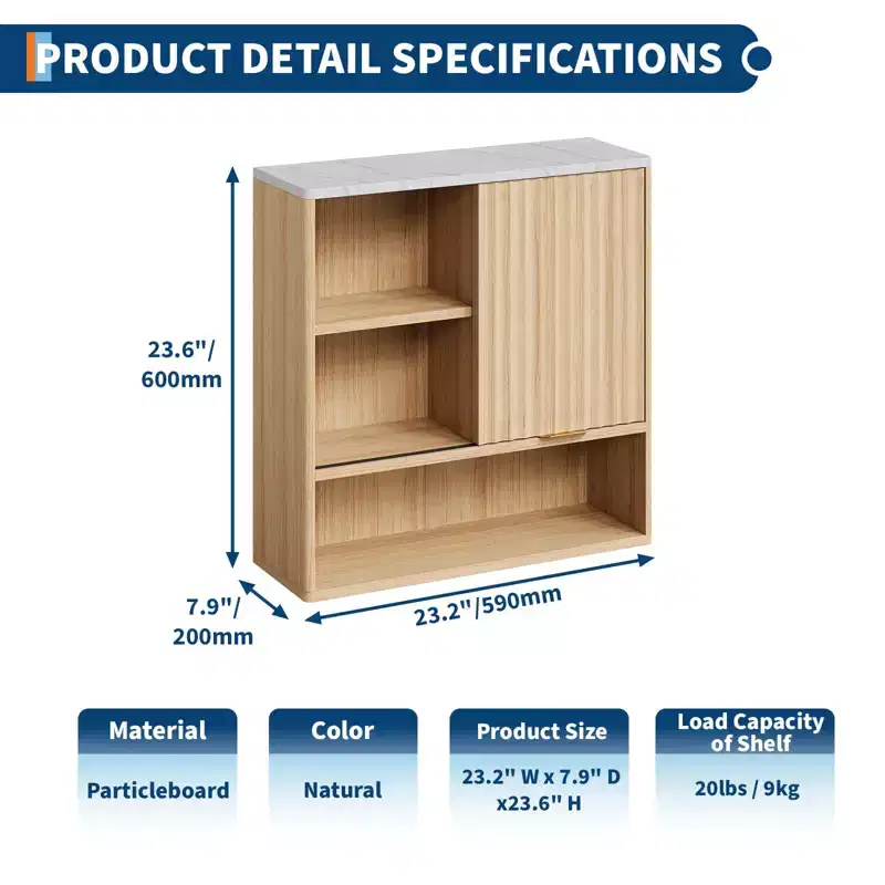 Modern Fluted Wall Cabinet with Sliding Door - Faux Marble Top & Adjustable Shelf, Curved Medicine Storage for Bathroom,Laundry Room