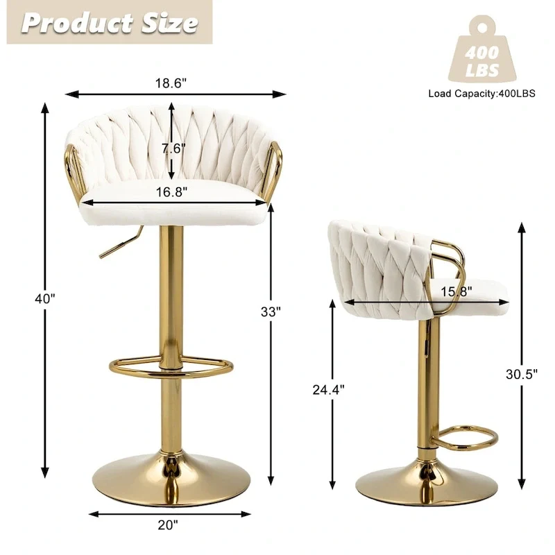 Set of 4 Bar Stool Adjustable Height Swivel Velvet Woven