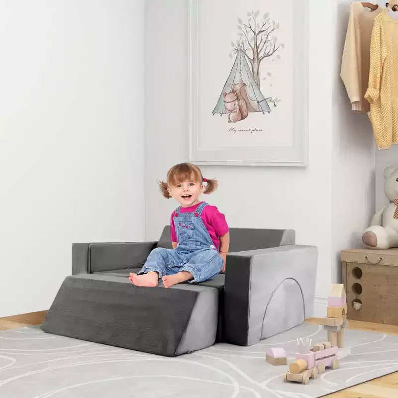 Costway Kids Modular Play Sofa 8 PCS with Detachable Cover for Playroom & Bedroom Indoor Pink/Grey
