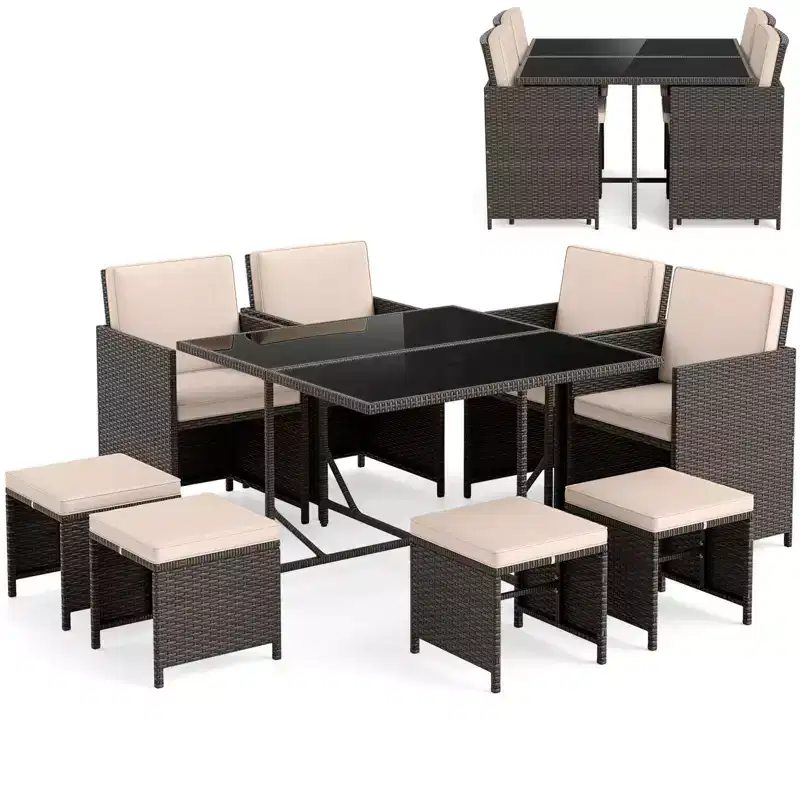 Costway 9 PCS Patio Dining Set with Tempered Glass Table & Ottoman Removable Cushions off-White/Beige
