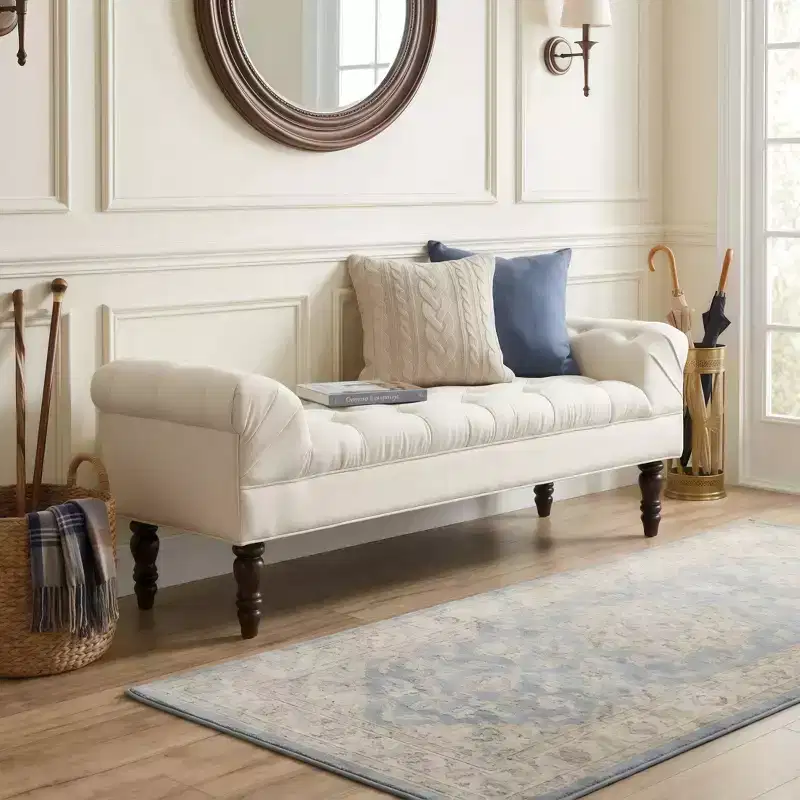 Upholstered Ottoman Bench with Tufted Fabric, Rolled Arms, Gourd Legs and Premium Foam, Easy Assembly