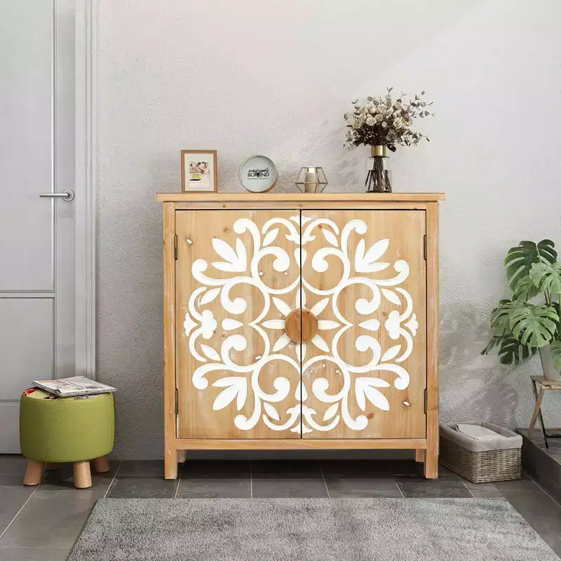 Rustic Wooden Accent Cabinet with Floral Carved Doors 2 Door Storage Cabinet for Living Room