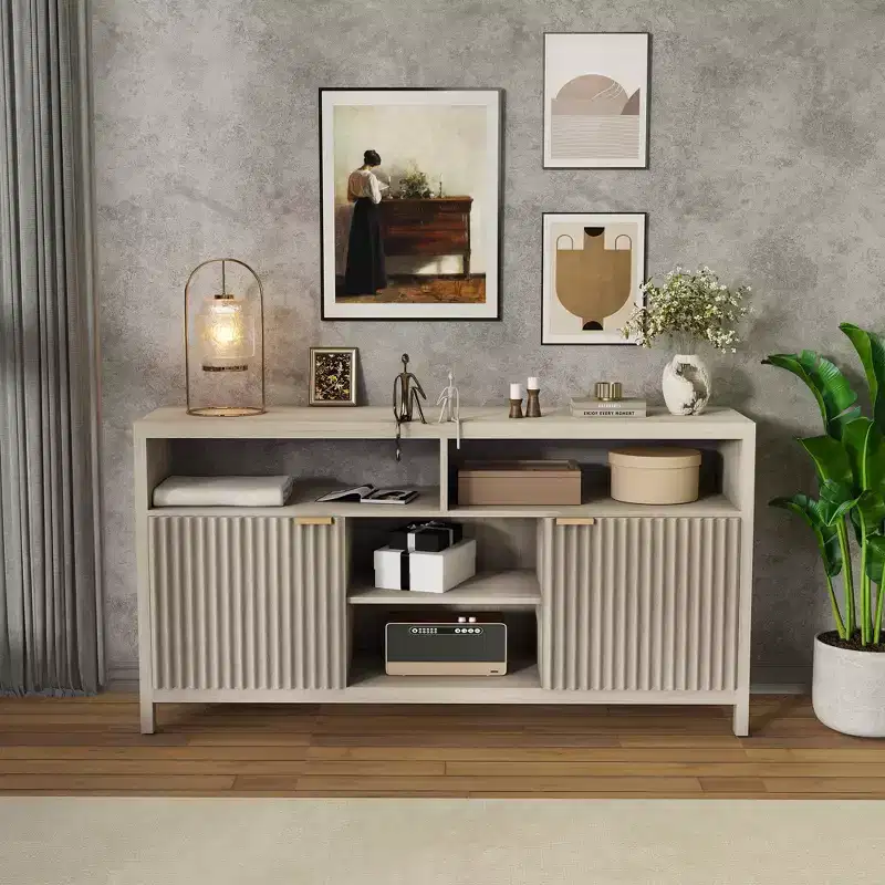 59Fluted TV Stand for TVs Up to 65 in,Mid Century Modern Entertainment Center with Waveform Panels &Open Shelves,Wood Media Console Table for Bedroom