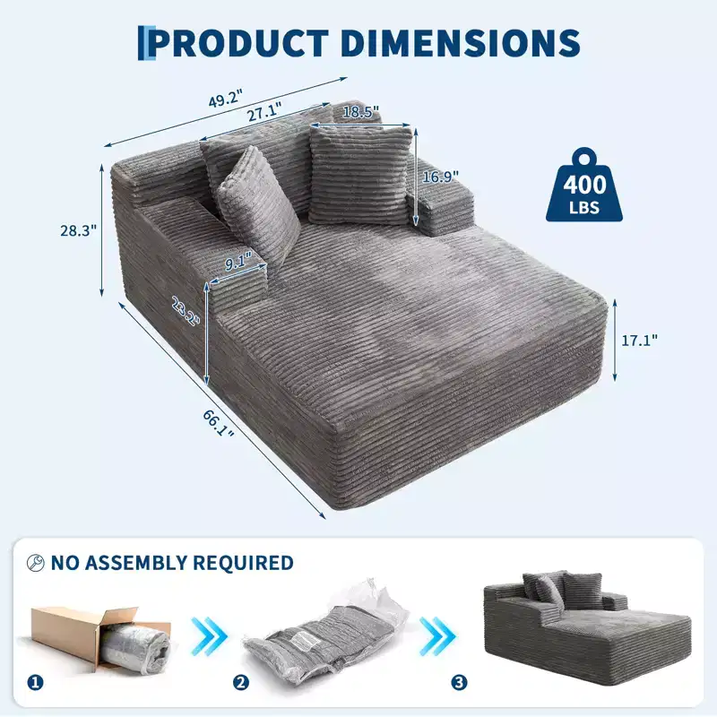 49.2 Oversized Convertible Chaise Lounge, Corduroy Cloud Chair/Sofa Bed, 400 lb Capacity