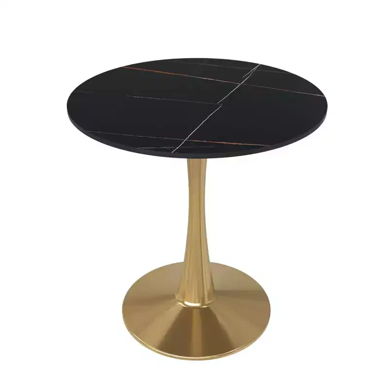 LeisureMod Bristol 27 Round Dining Table  Sintered Stone Top Accent Caf Table & Sturdy Steel Gold Pedestal Base for Kitchen and Small Spaces