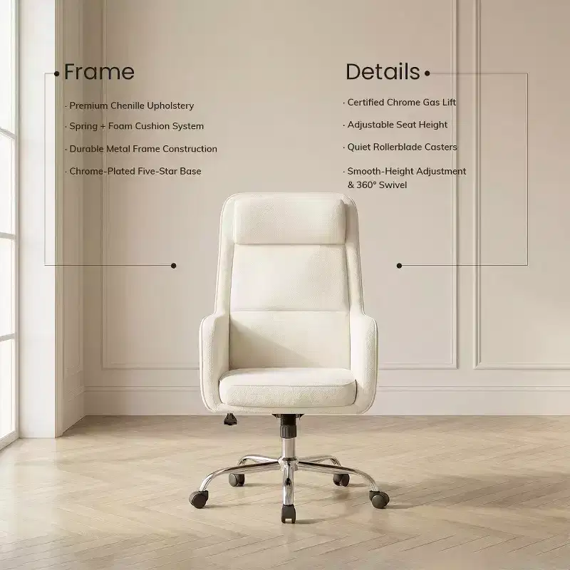 Adjustable Office Chair with 360 Swivel, Premium Chenille Upholstery, Spring-Foam Cushion, and Quiet Rollerblade Casters