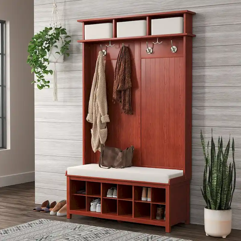 Solid Wood Hall Tree with 6 Hooks, Shoe Storage & Cushioned Bench