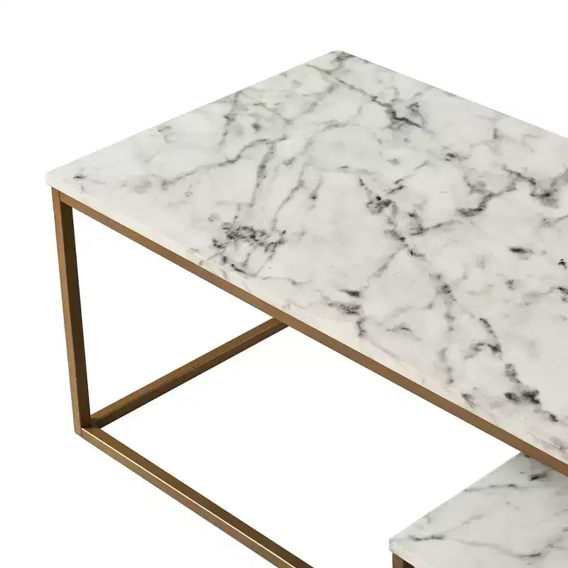 Marmo Coffee Table with Faux Marble Top Brass Gold/ - Teamson Home: Modern Scratch-Resistant Storage, 4-Leg Design