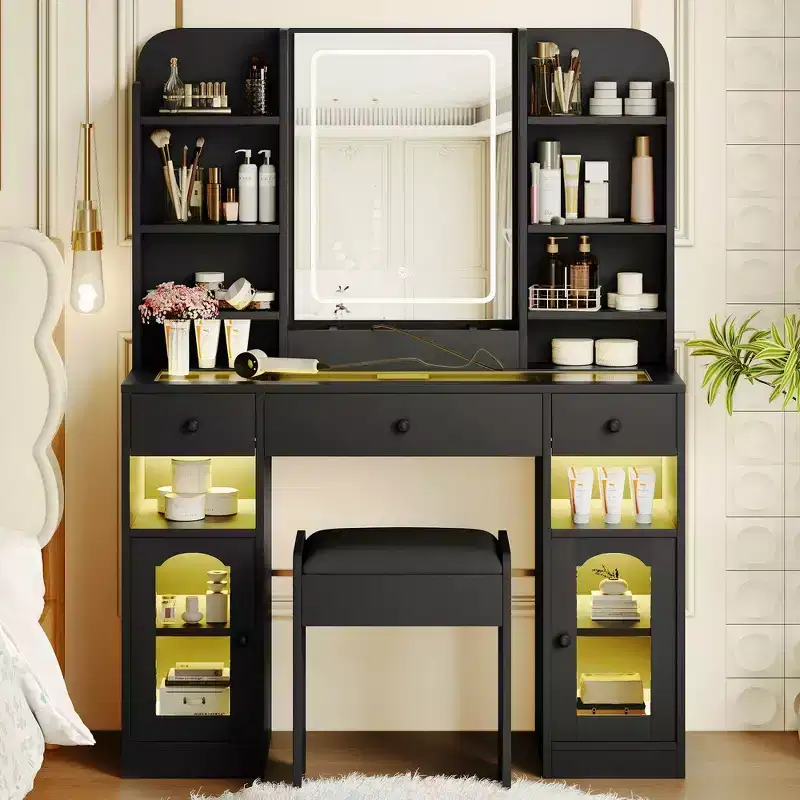 43.2 Vanity Desk, Dressing Table, Glass Top Vanity with Mirror, 3 Drawers, Storage Shelves and Stool