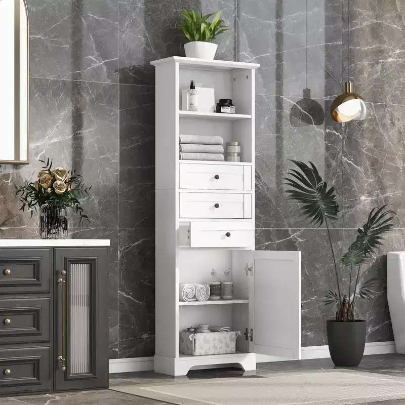 Okak Freestanding Bathroom Cabinet with 3-Drawer, Tall Storage Cabinet, Bathroom Floor Cabinet with Adjustable Shelves for Living/Office, White