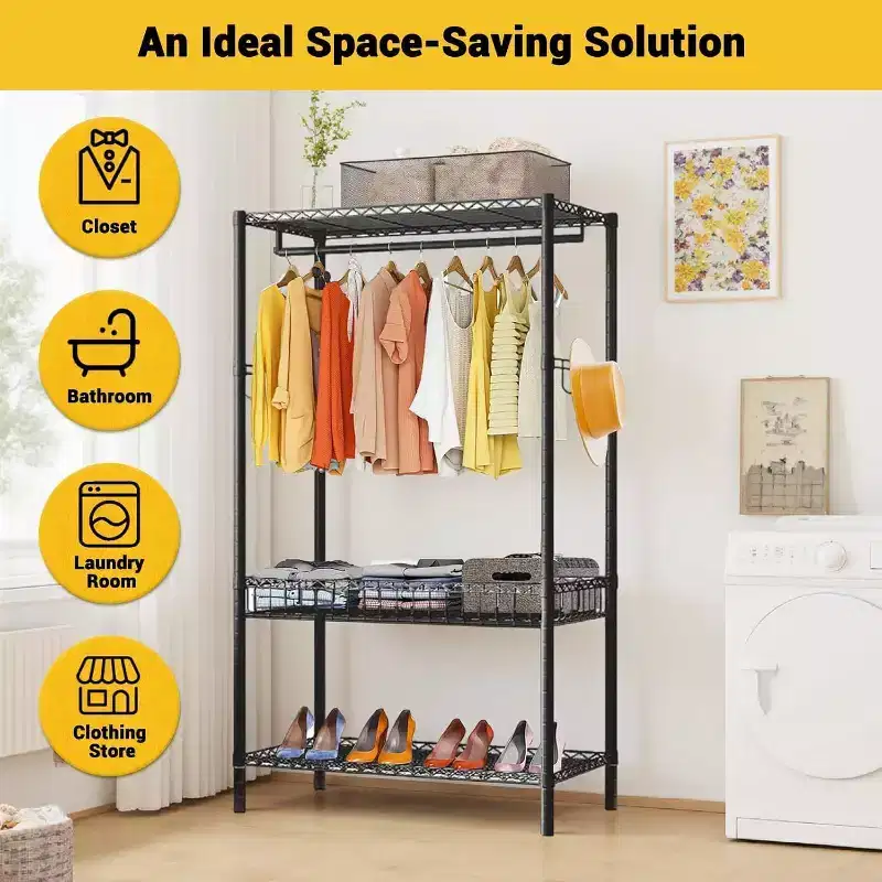 Heavy-Duty Mobile Garment Rack, 3 Level Adjustable Clothing Rail with Lockable Casters, Freestanding Storage for Home