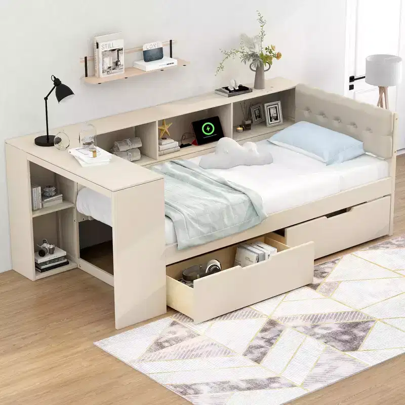 Twin/Full Size Platform Bed with Storage Shelves, Drawers, Charging Station, Upholstered Headboard & Desk – Cream/Gray