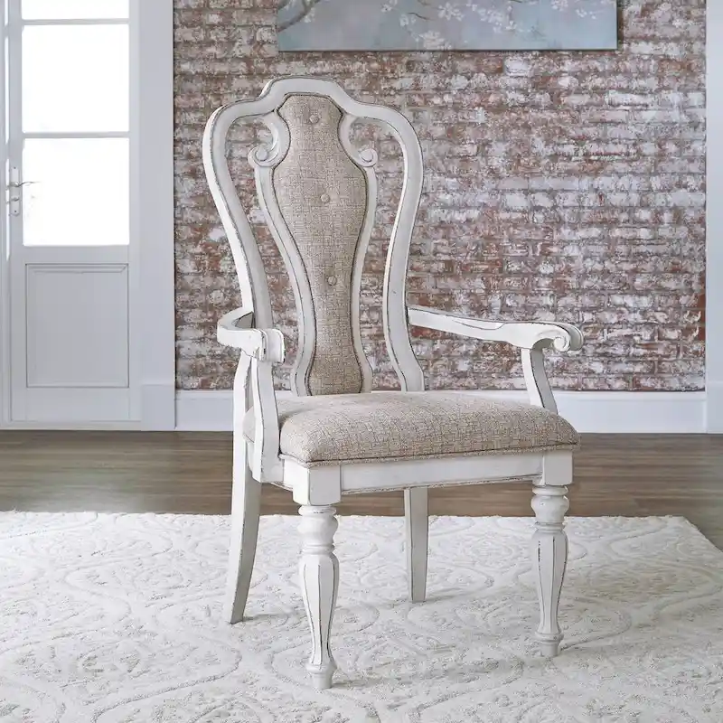 Antique White Weathered Bark Splat Back Upholstered Arm Chair