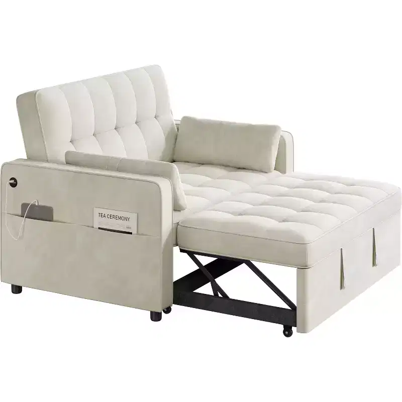 Beige/Black 3-in-1 Convertible Pull-Out Sofa Bed with USB Ports, 2-Seat