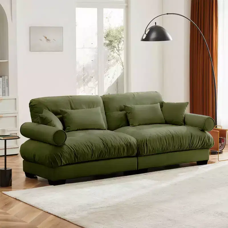 MAYEERTY Modern Two Seater Sofa with Bolsteredd Armrests Waist Pillows Throw Pillows for Living Room Hallway Bedroom Olive Green