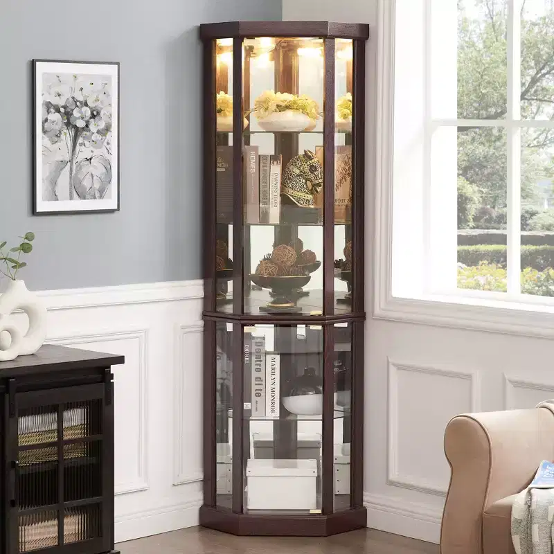 Corner Lighted Curio Cabinet with Adjustable Glass Shelves and Anti-Tip Device for Antique Collections