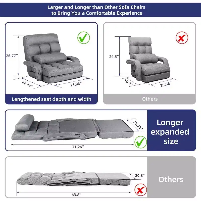 TYBOATLE Folding Sofa Bed with USB, Convertible Sleeper Chair with 5-Position Adjustable Back, Small Comfy Couch for Bedroom, Apartment, Dorm  Grey