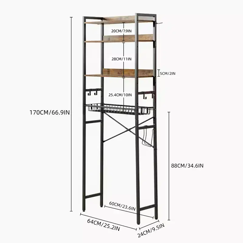 FurnitureR 4-Tier Over-The-Toilet Storage Shelf, Freestanding Bathroom Organizer with Adjustable Shelf & Basket, Space-Saving Rack Above Toilet, Brown