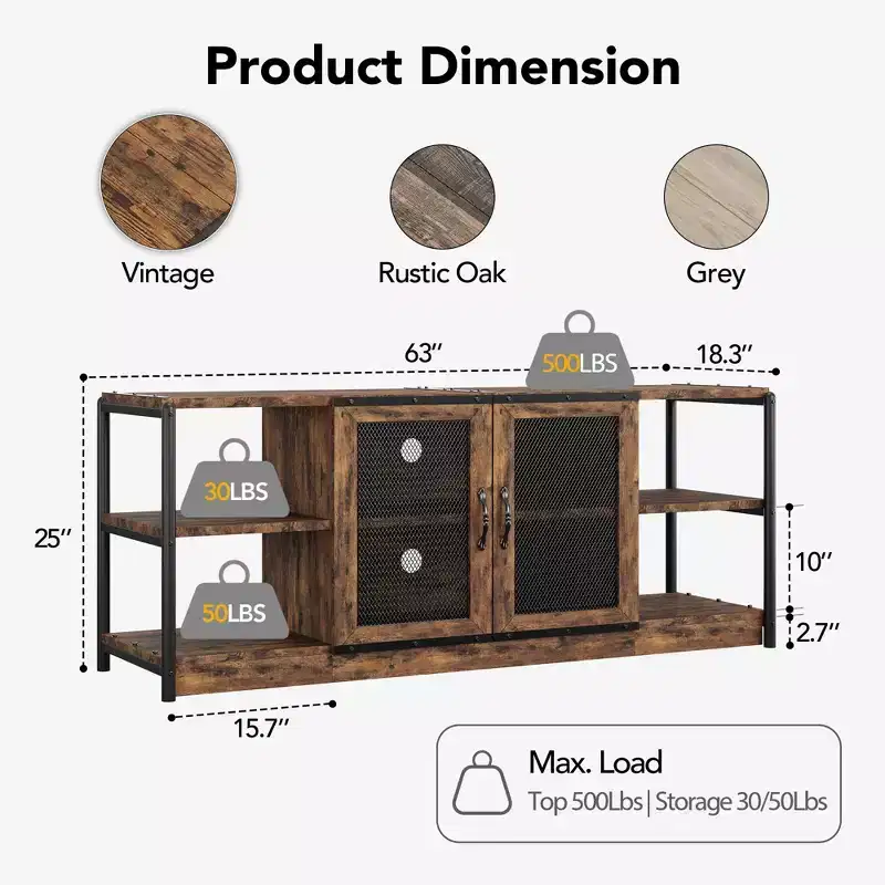 Farmhouse TV Stand for 65/75 Inch TVs, Industrial Entertainment Center With Double Mesh Doors and Storage Cabinet